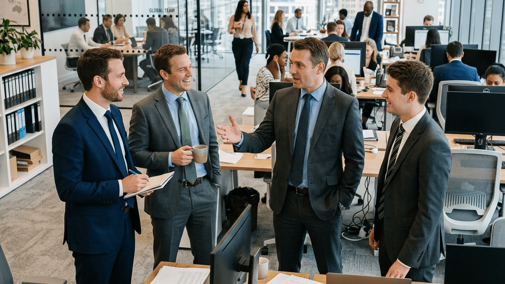 Four men in business suits talking and smiling in an office workspace