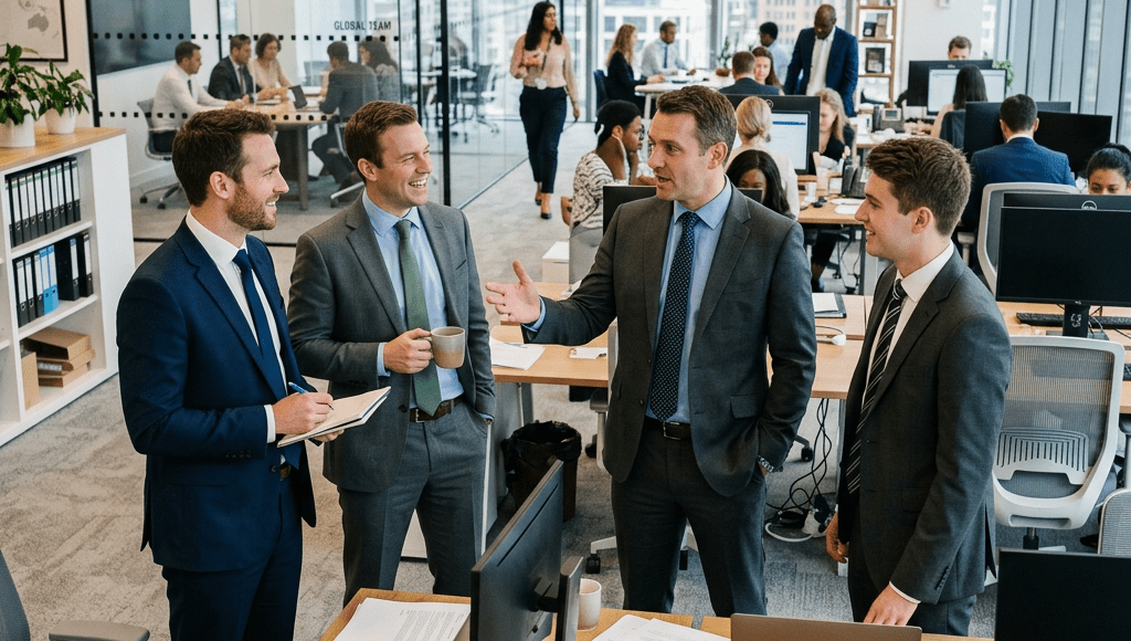 Four men in business suits talking and smiling in an office workspace